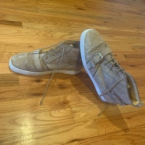 Men's CHRISTIAN LOUBOUTIN 11 Taupe Suede Buckle Strap NONO High Top Sneakers
